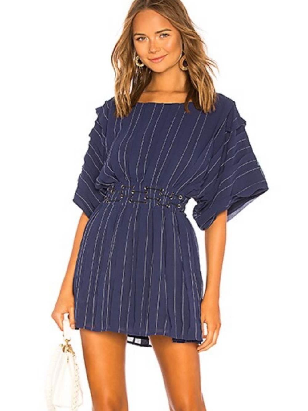 Tularosa Sienna Navy Pinstriped Grommet Cinch-Waist Pleated Mini Dress - M